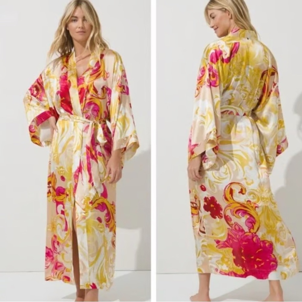 SOMA 100% Silk Floral Kimono Robe | NWT | Pink & Yellow | S/M - Picture 5 of 6